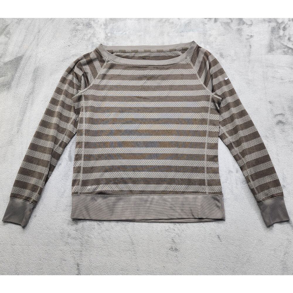 Nike Top Womens M Gray Striped Jersey Mesh Long Sleeve‎ Dri Fit Workout Athletic